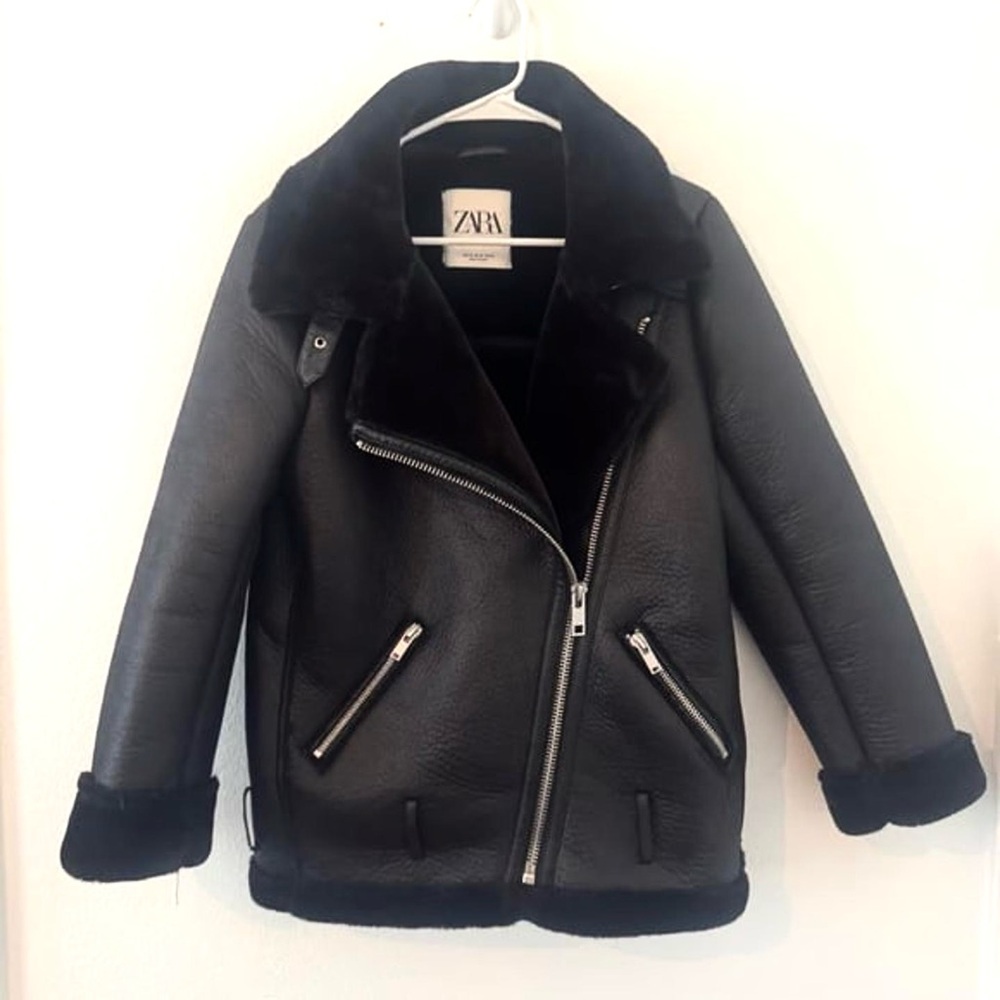 Zara Black Double Faced Biker Jacket Faux Leather Oversized